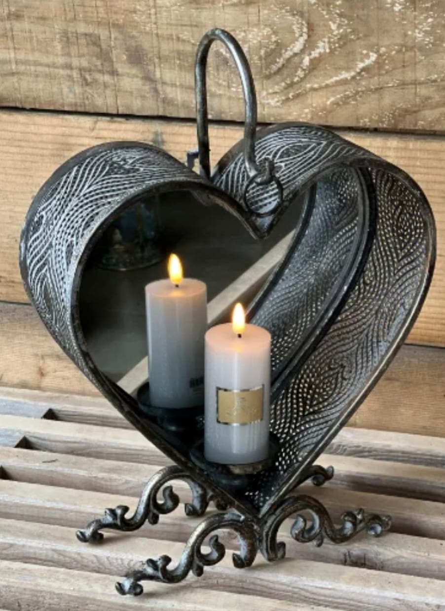 Hjerte Lanterne  Med Lysestage Og Spejl i Antique Sølv